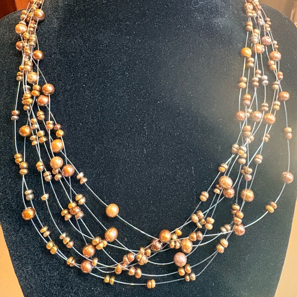 Vintage 7 Strand Floating Chocolate Pearl Necklace 14 Kt. Clasp